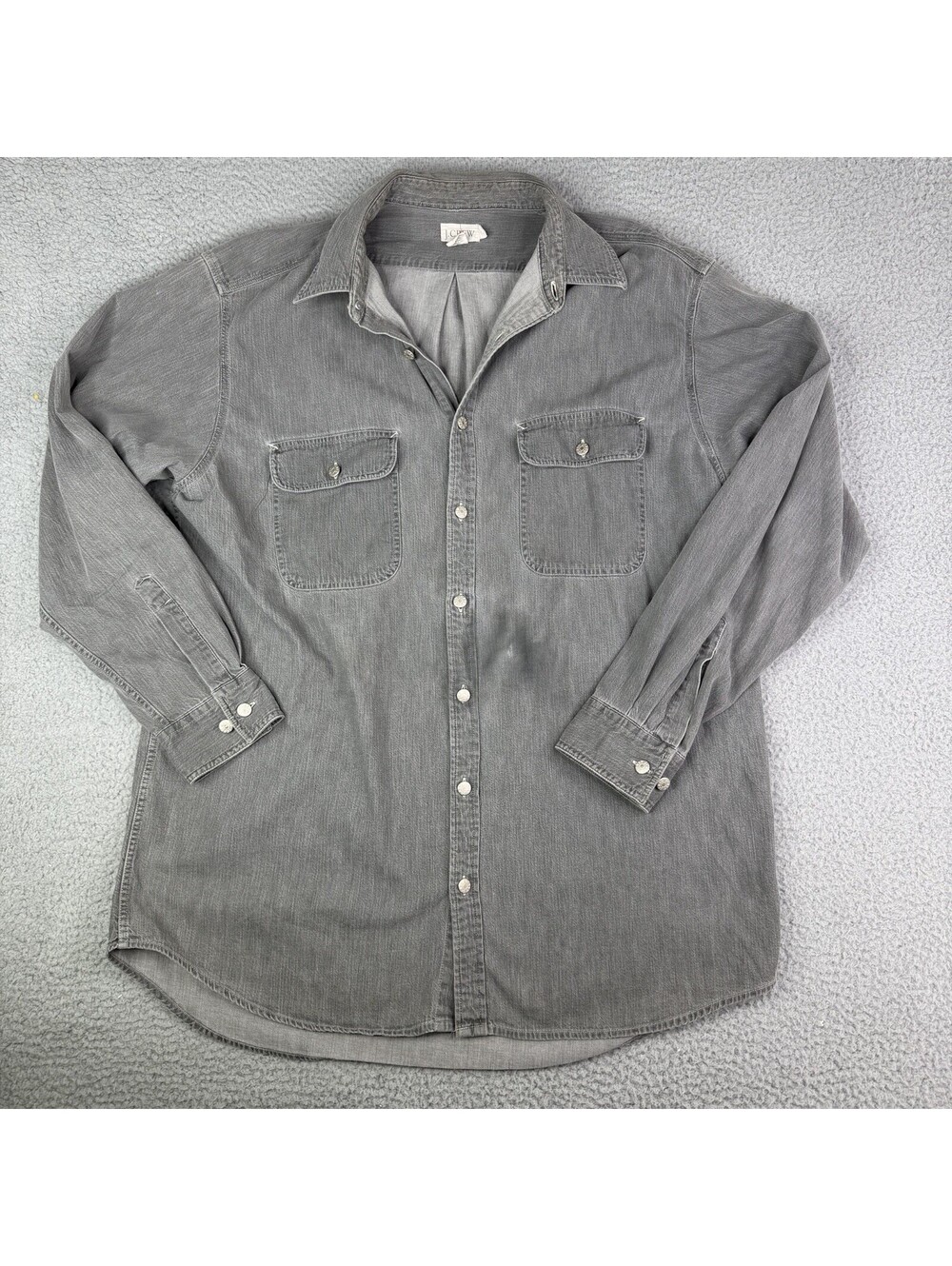 Vintage J Crew Oarsman Band Collar Shirt Mens LT Denim Gray Chambray Button Up